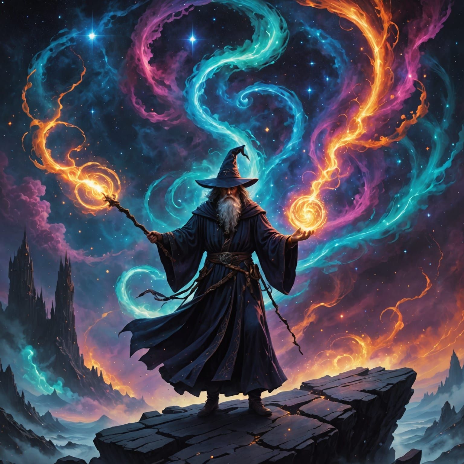 Lone Wizard Casting Spell Over Nebula in Dark Fantasy Style