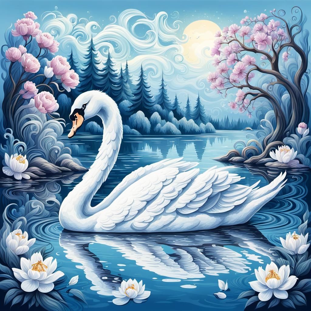 Surreal Gzhel Fairytale Swan Enchants Lake Landscape
