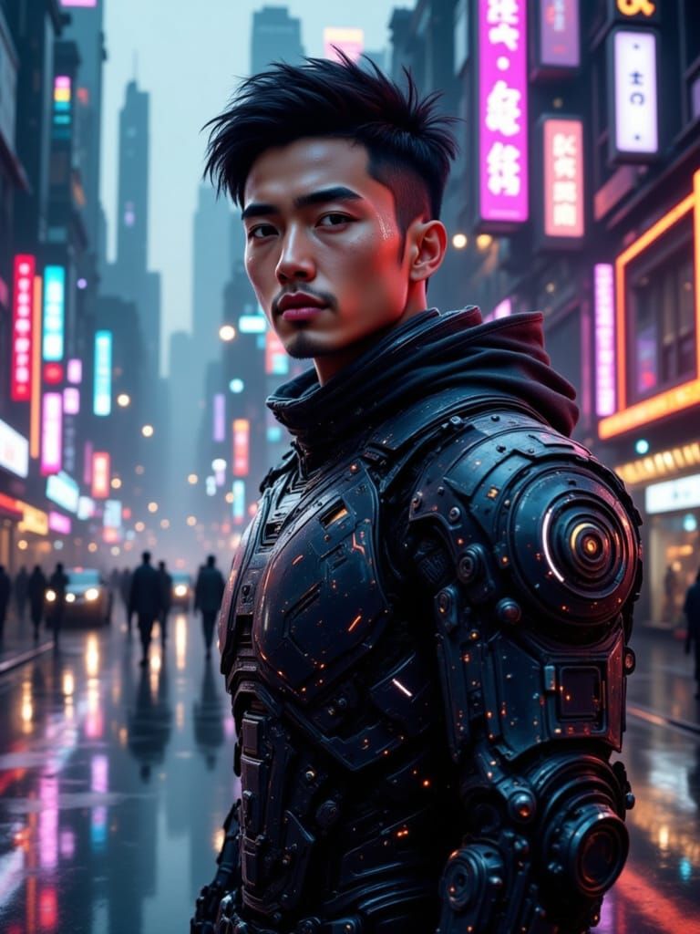 Cinematic Sci-Fi Hero in Neon-Lit Metropolis