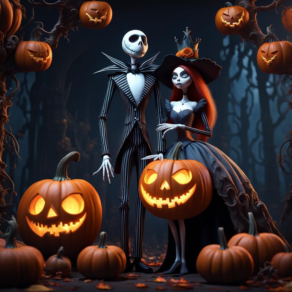 Jack and Sally as Pumpkin King and Queen in Vibrant Fantasy...