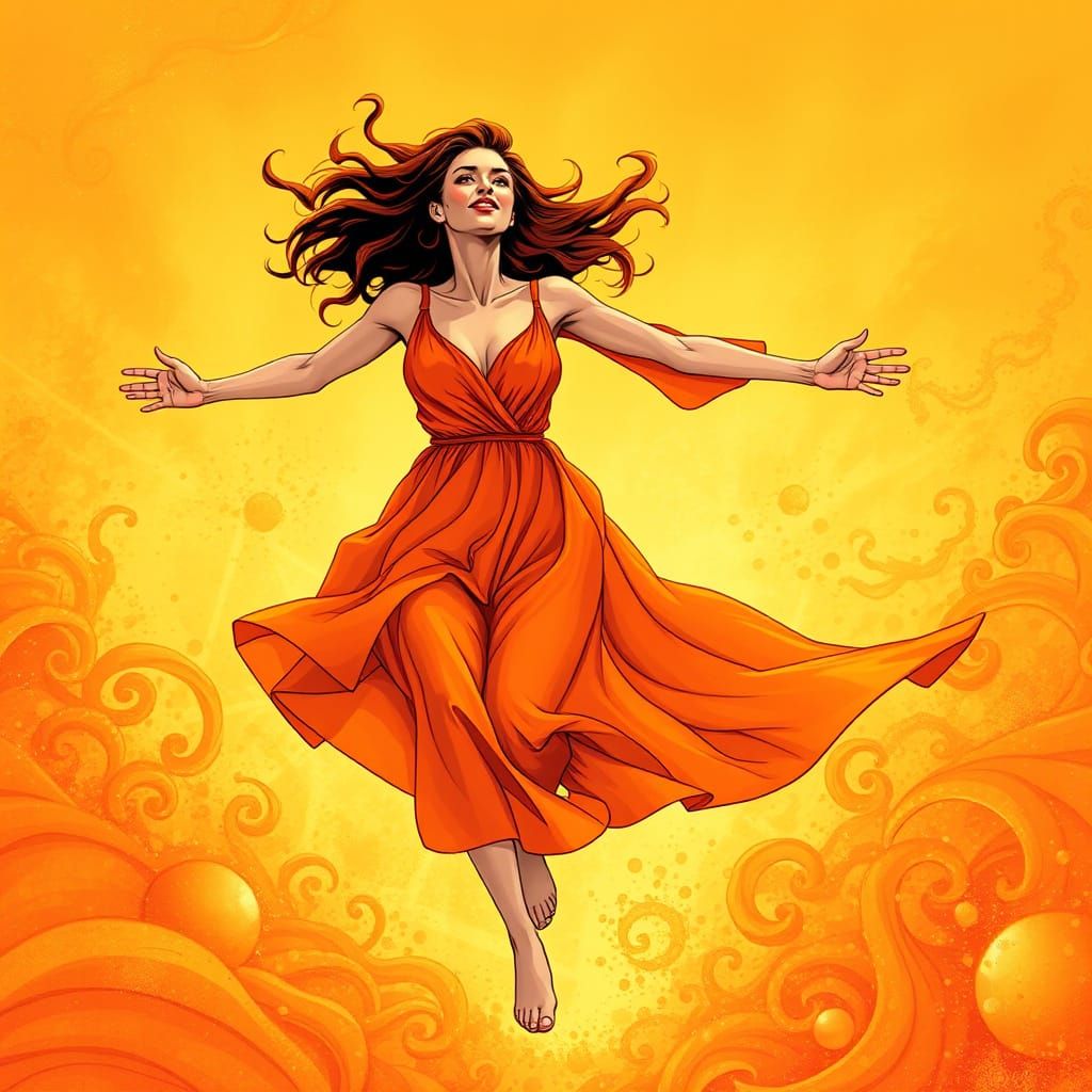Woman in Orange-Red Dress, Surrounded by Tangerine Glow, in ...