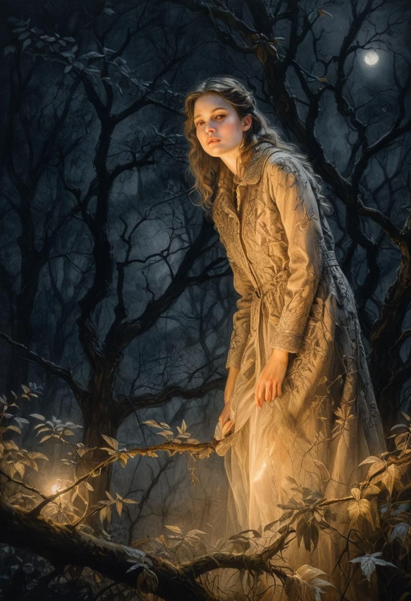 Mystical Moonlit Forest Scene in Charcoal