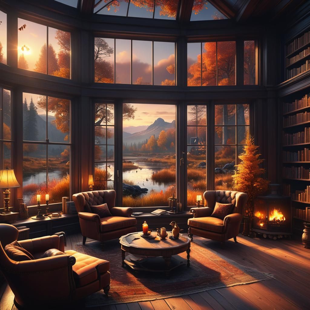 Cozy Library Lounge with Autumn Moor View