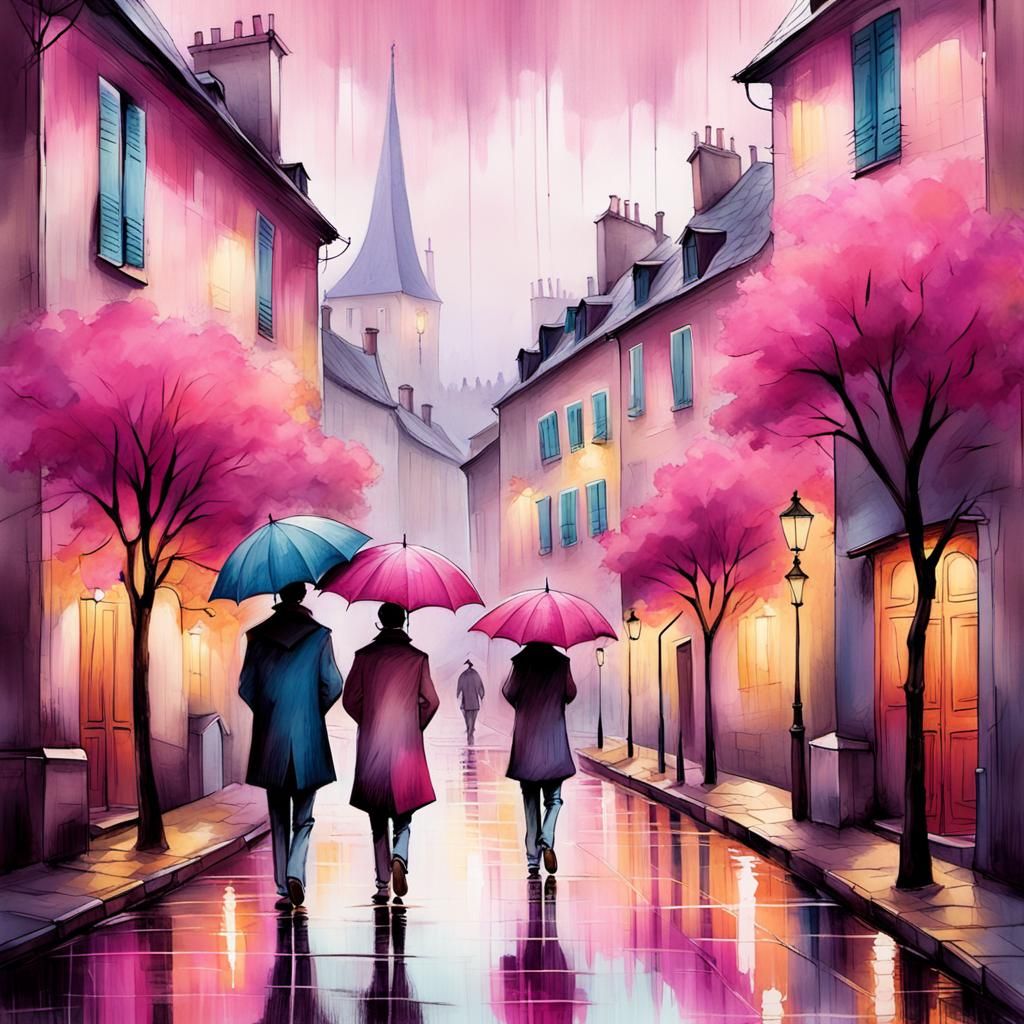 Whimsical French Village Street Scene in Pastel Pink Hues