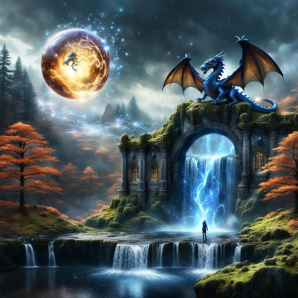 Epic Blue Dragon in Scottish Waterfall Scene