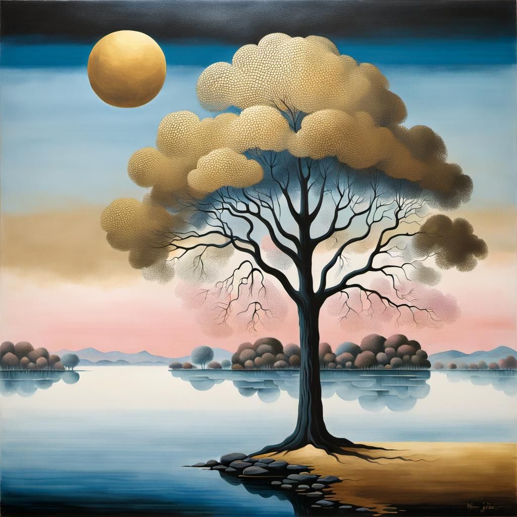 Tree Silhouette in Golden Mist, European Ink Painting Style