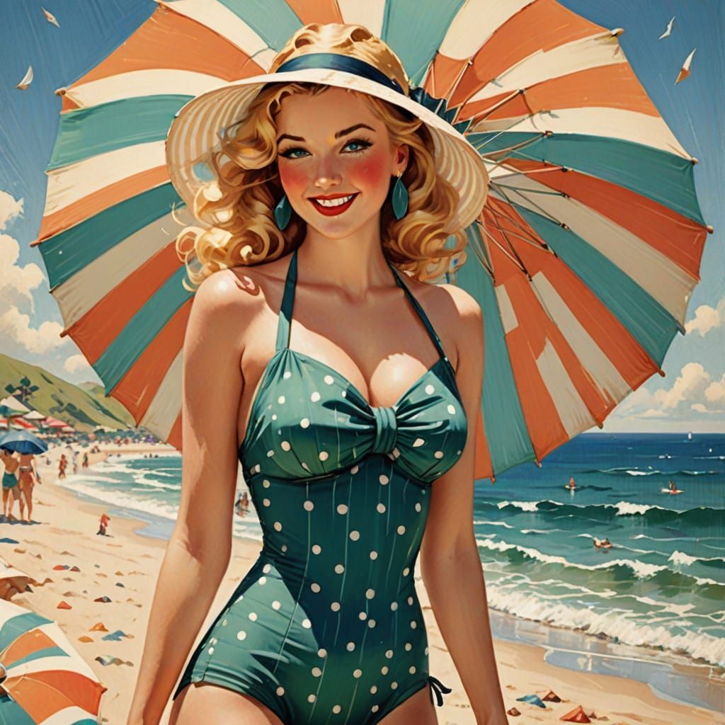 Sultry Beach Siren Struggles with Umbrella in Vintage Pin-Up...