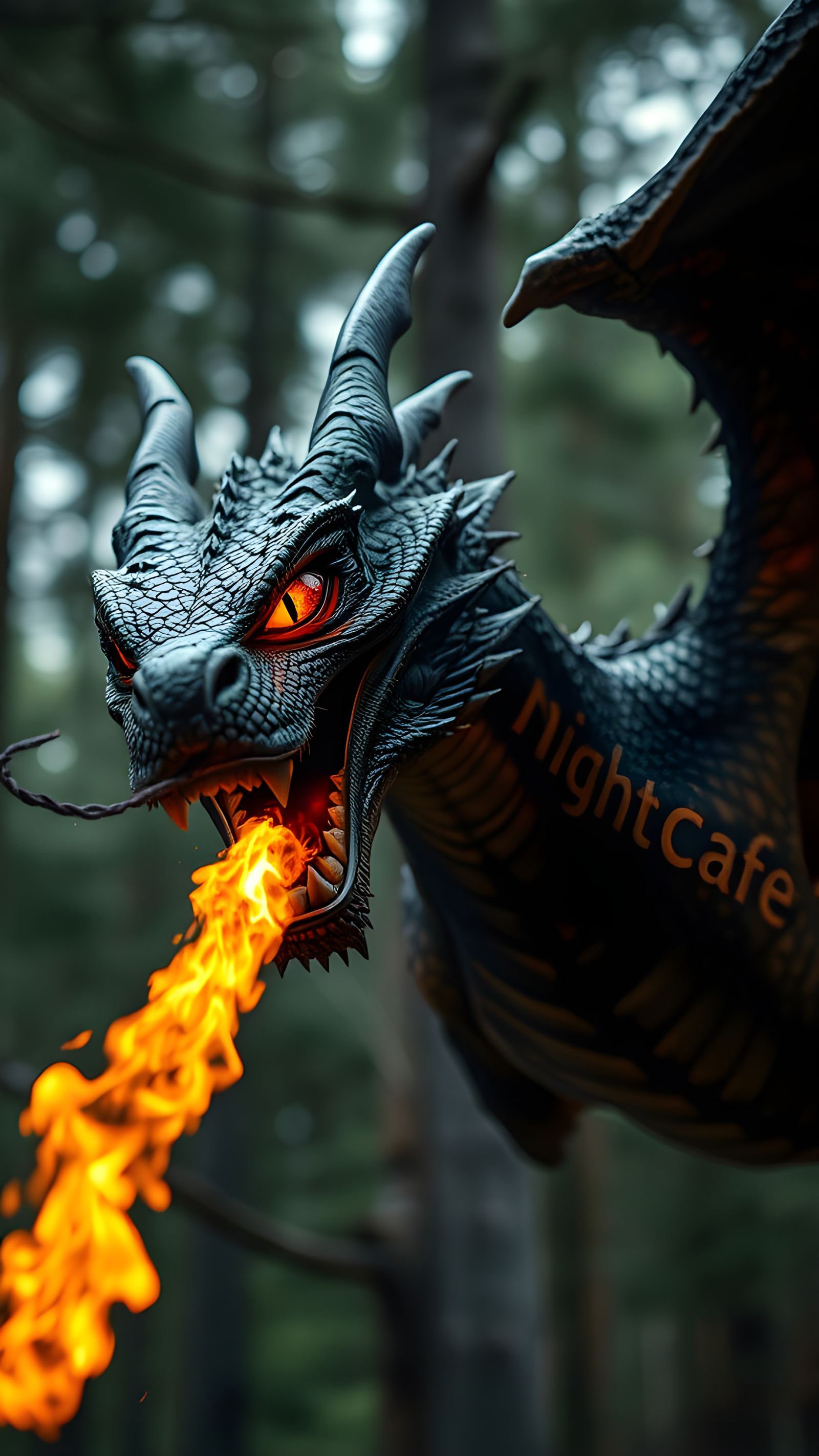 Cyberpunk Styled Dragon Roars in a Fiery Pine Forest