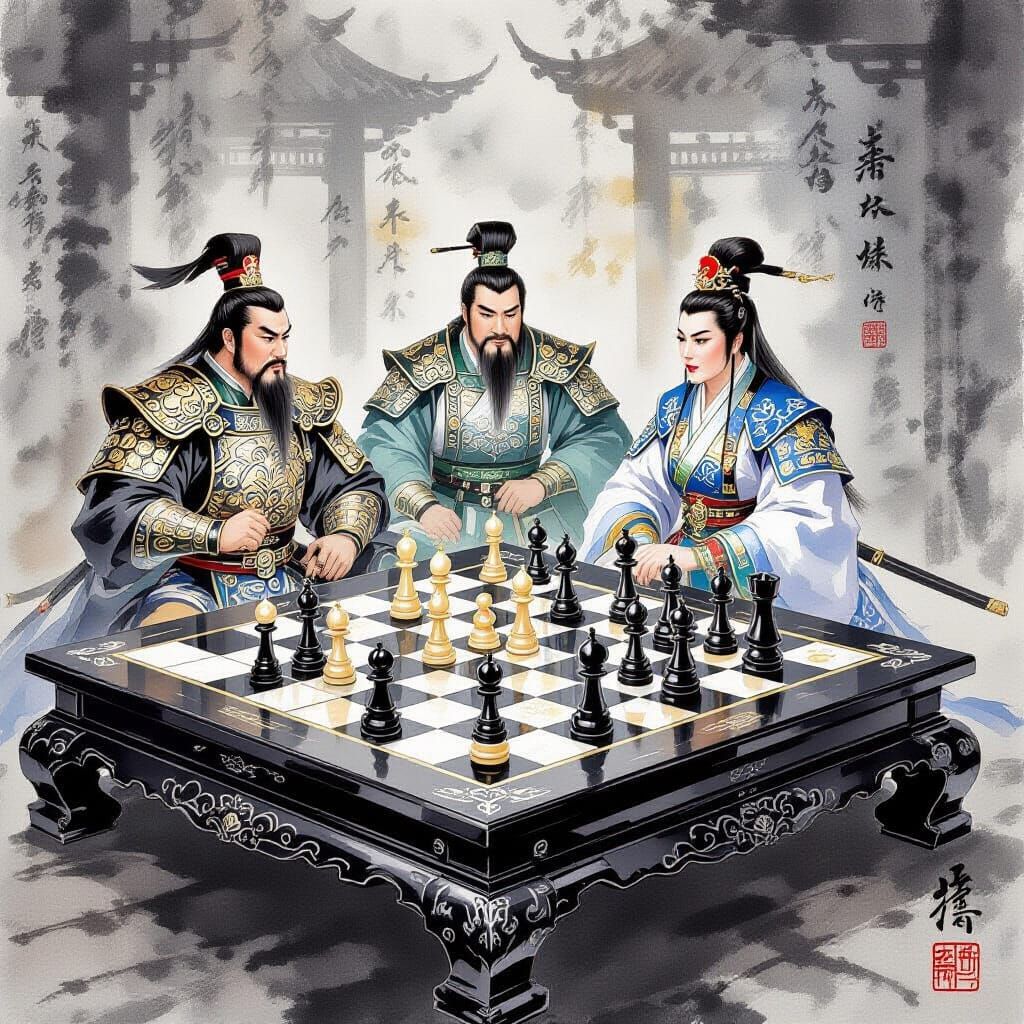 Three Kingdoms Chessboard: Cao Cao vs Liu Bei in Ink Wash