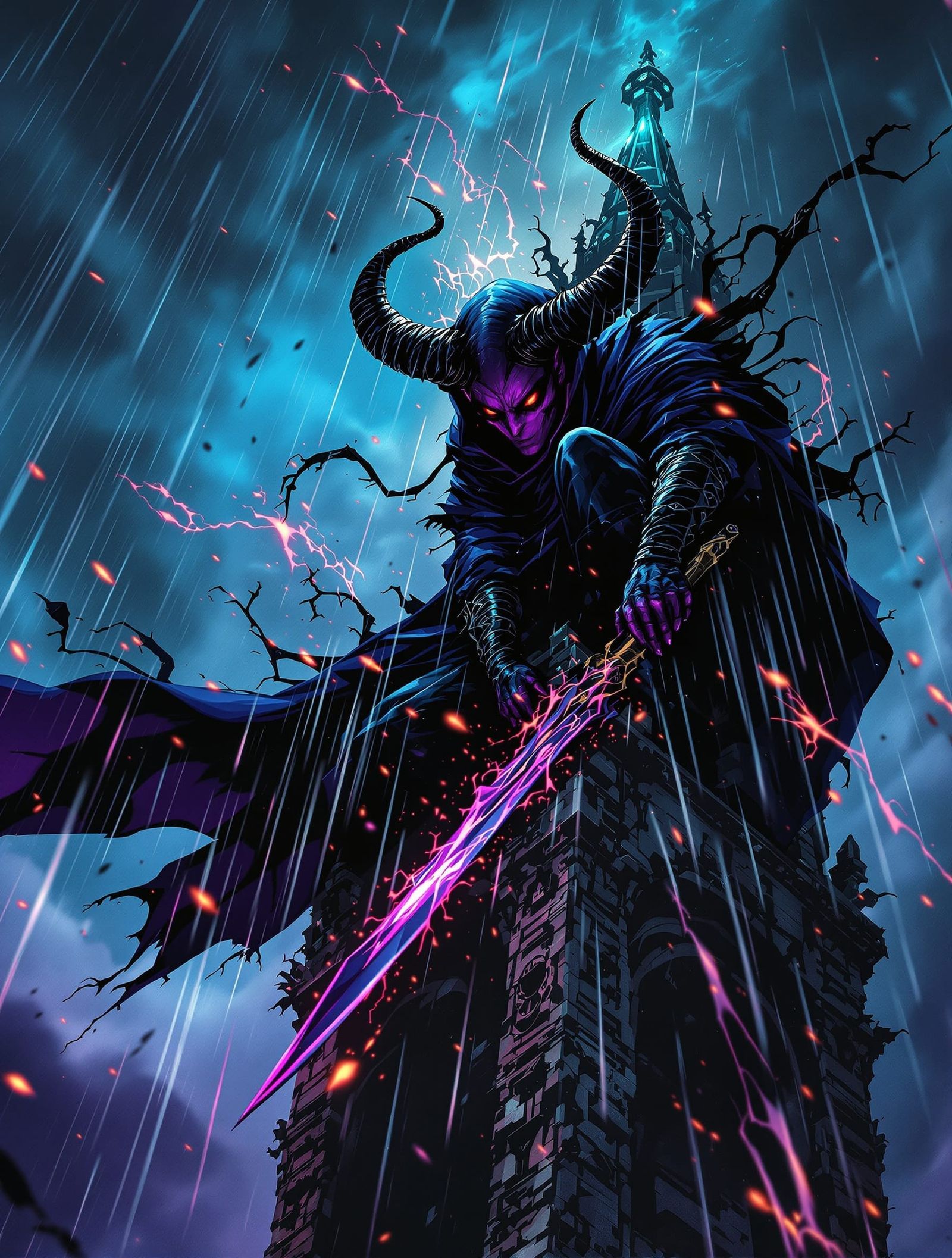 Tiefling Rogue on Cathedral Spire in Decayed Art Style