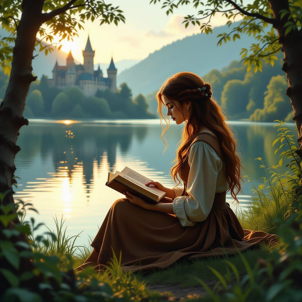 Woman Reading by Lake: Digital Painting