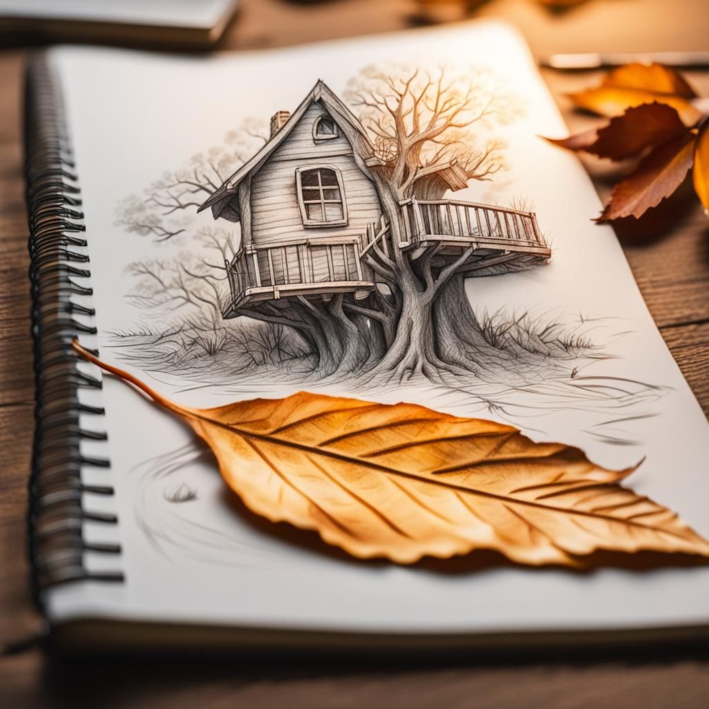 Surreal Close-Up of Leaf with Treehouse Sketch in Golden Hou...