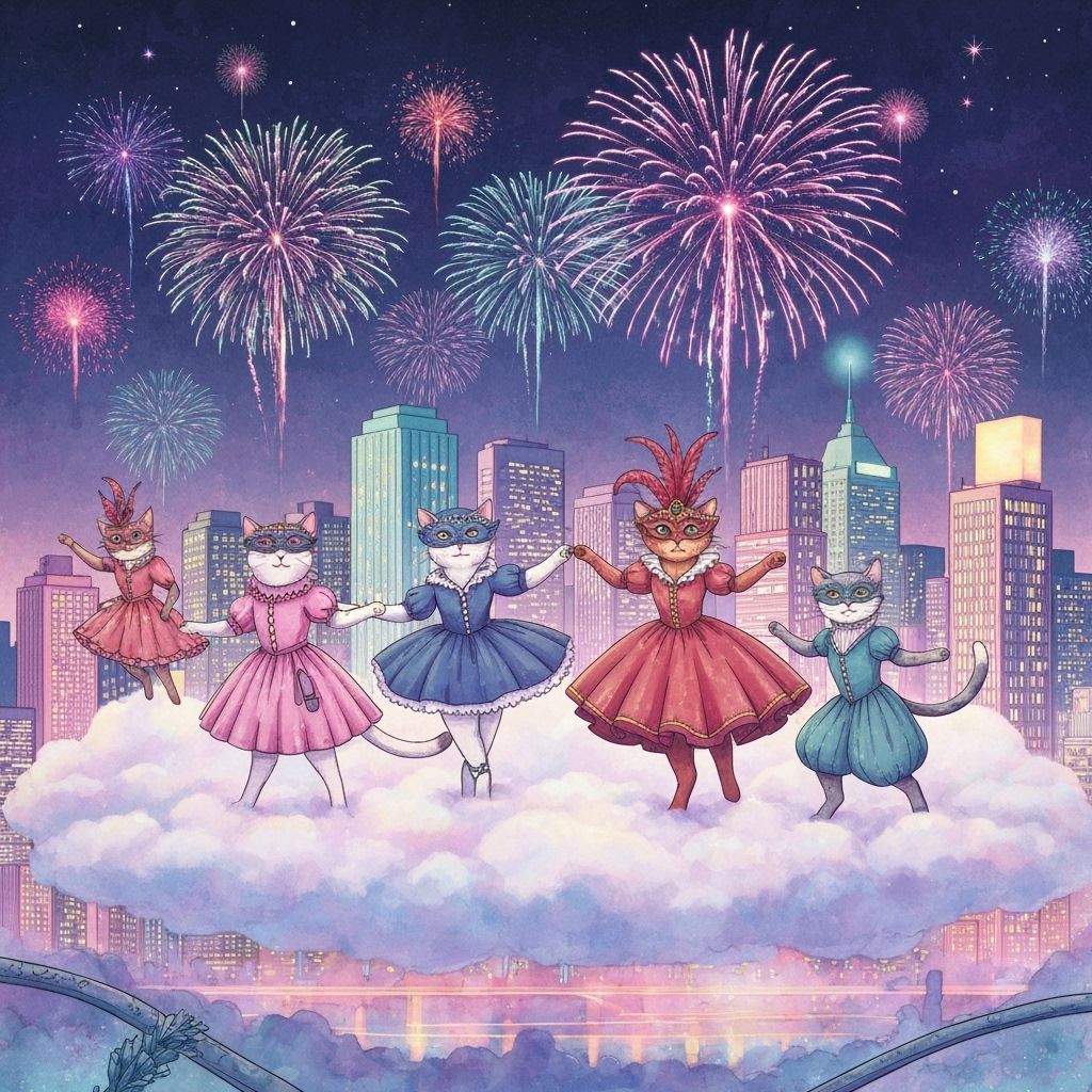 Cats Masquerade Dance on Cloud with City Fireworks