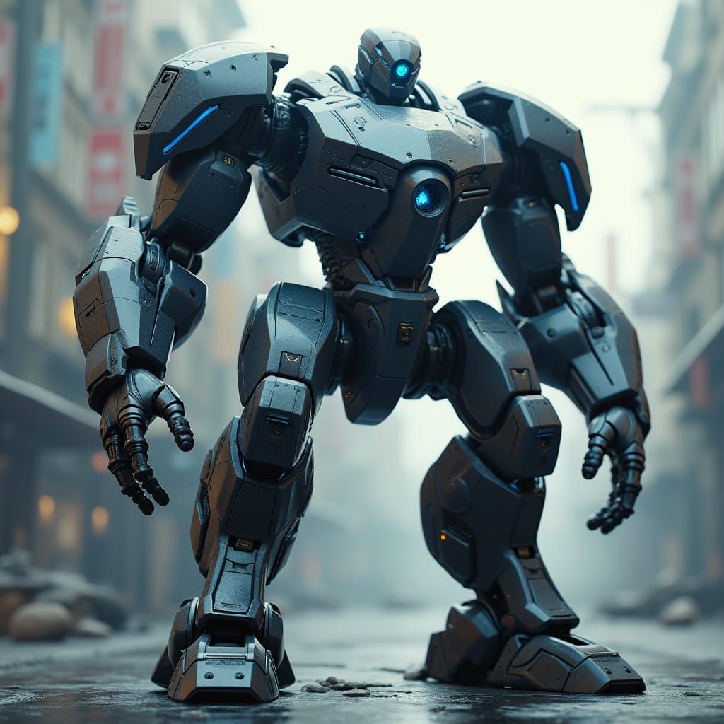 Gigantic Robot with Blue and Black Eyes in Sci-Fi Style