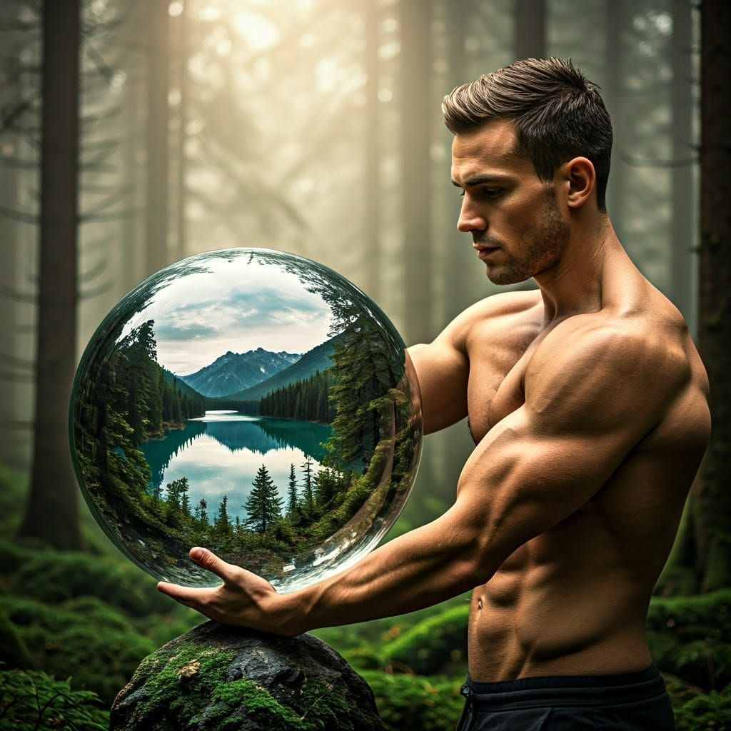 Man in Majestic Forest Touches Crystal Orb with Serene Mount...