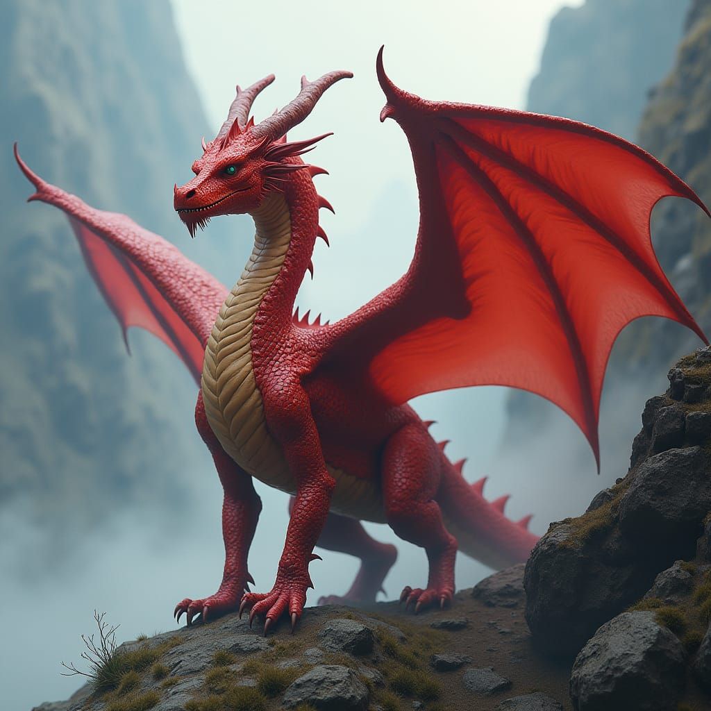 Red Dragon in Mystical Mountain Landscape