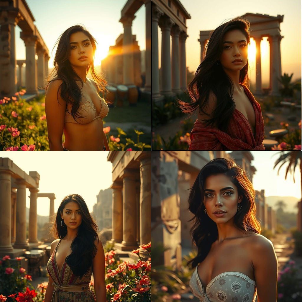 Sun-Kissed Woman in Ruins: Cinematic Film Still