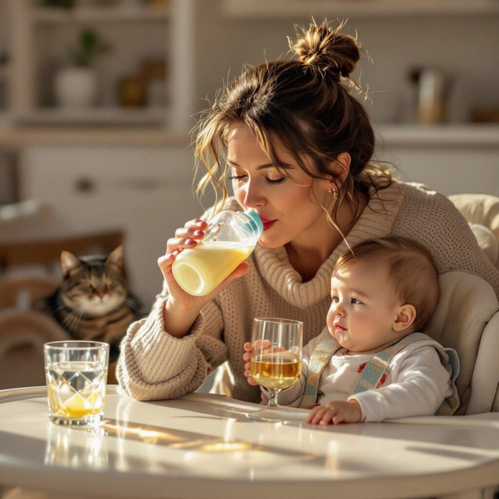Parent Drinks From Baby Bottle, Cat Drinks From Glass