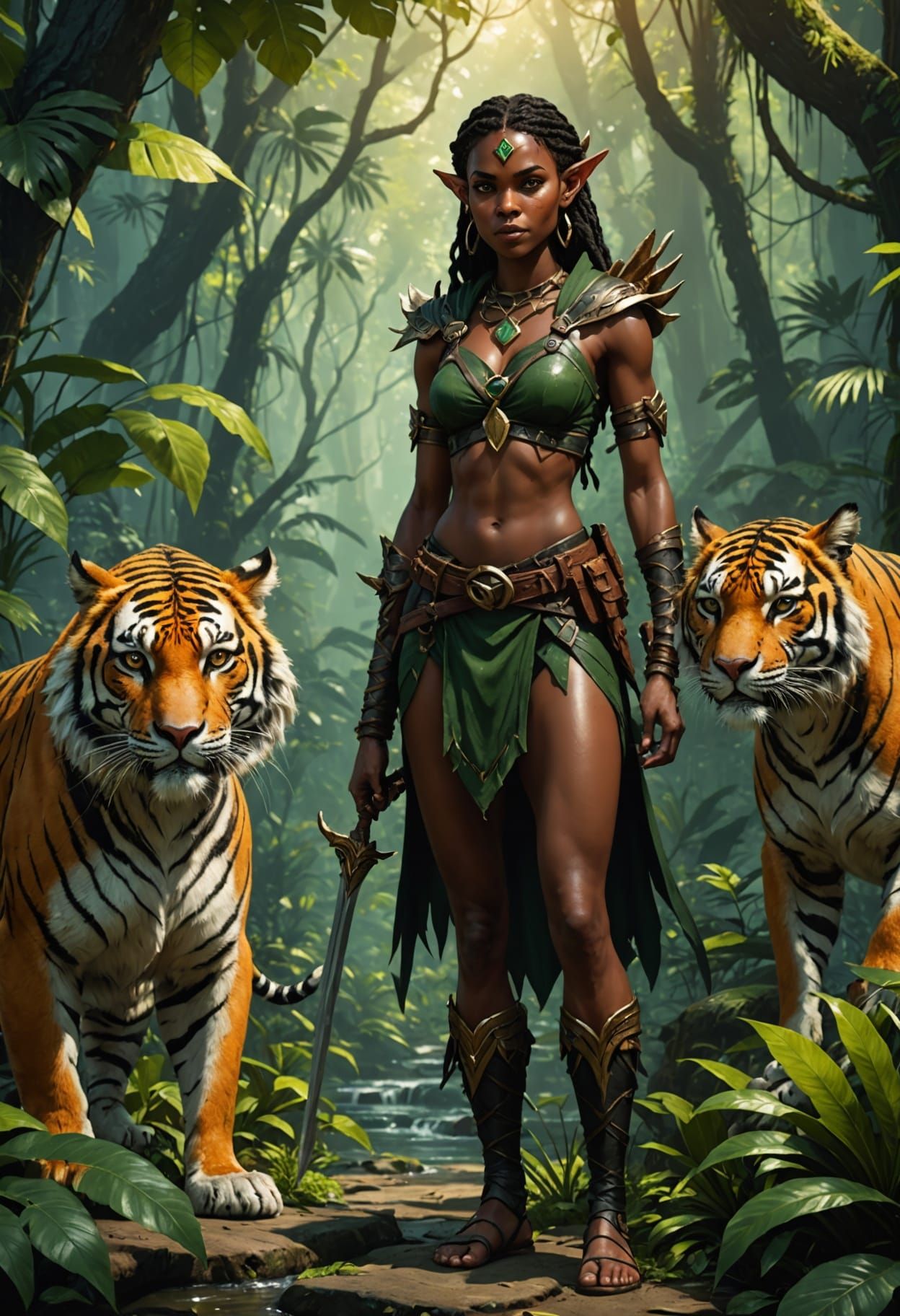 Jungle Elf Ranger and Tiger: Dark Fantasy Art
