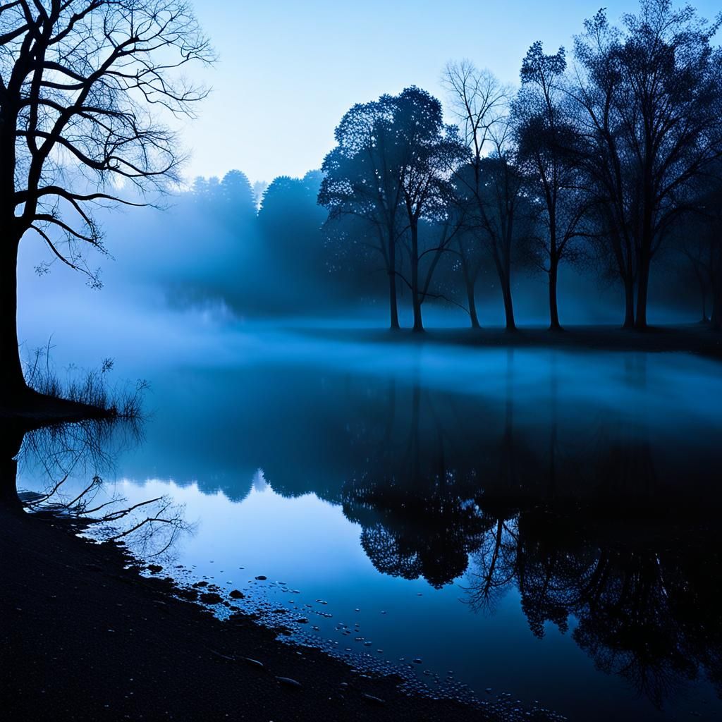 Glowing Black Fog Envelops a Tranquil Lake Scene