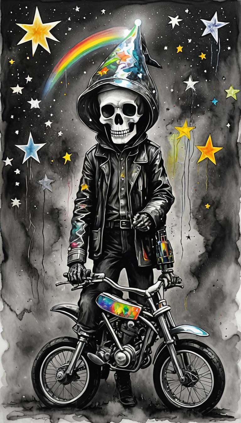 Surreal Watercolor Wizard on a Futuristic Motorcycle Under t...