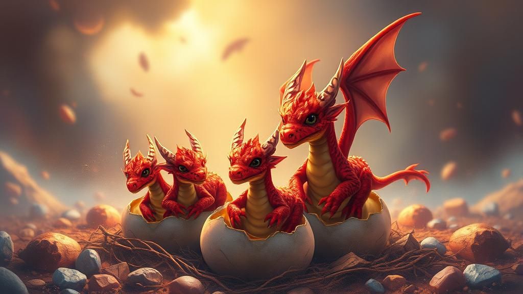 Vibrant Hatching of Little Red Dragons in Whimsical Fantasy....