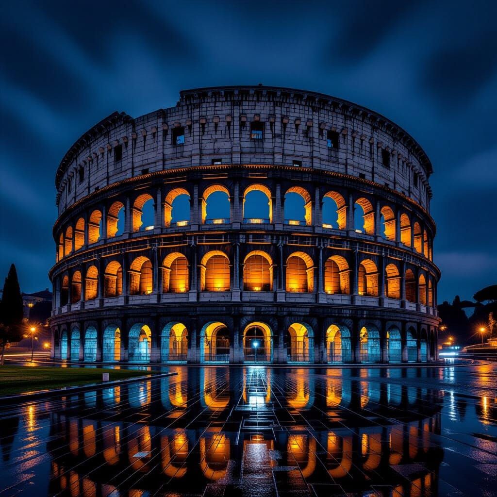 Realistic Night Photo of Rome's Colosseum After Rain