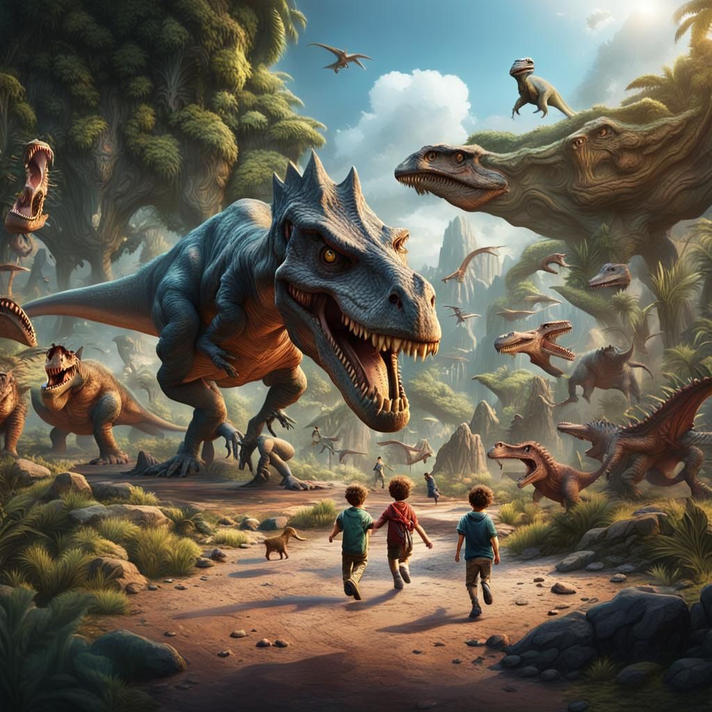 Fantastical Children Explore Dinosaur Park in Vibrant Matte...