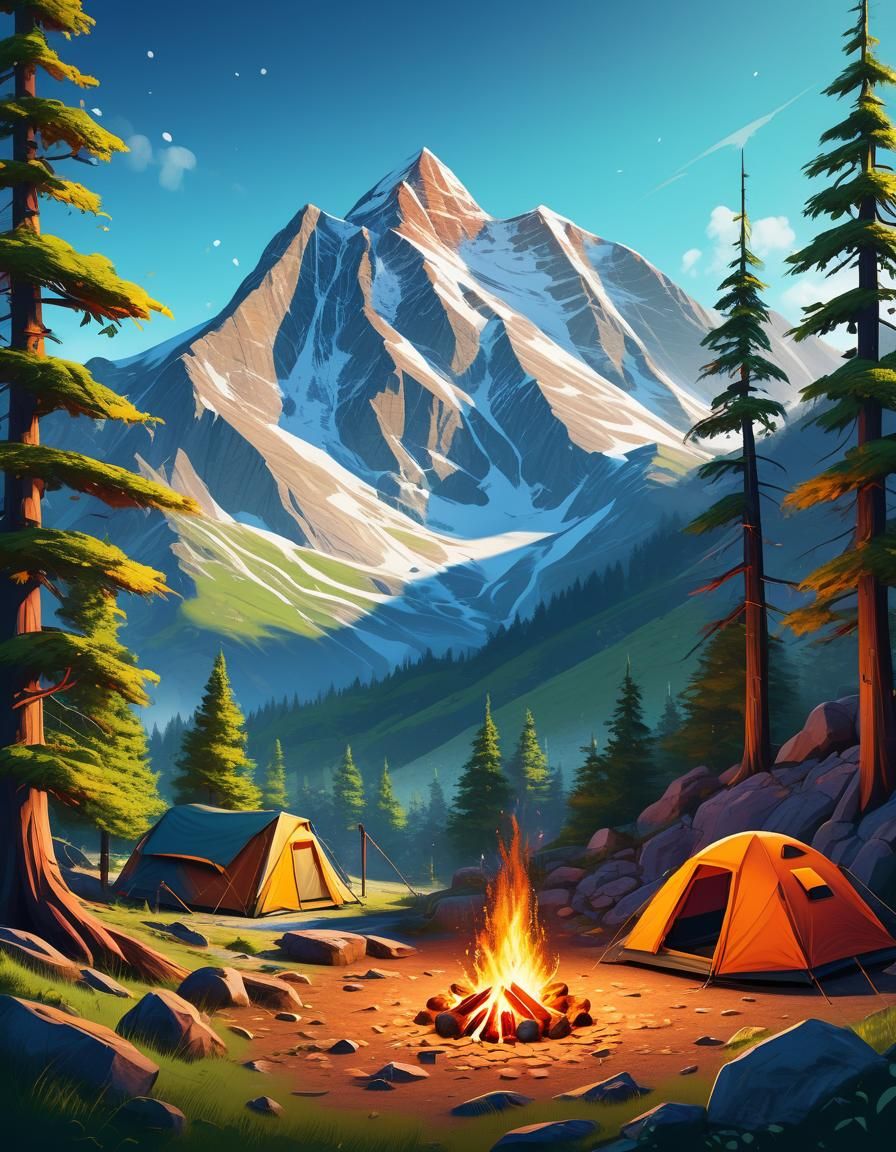 Vibrant Mountain Campsite in Hyperrealistic Splash Art