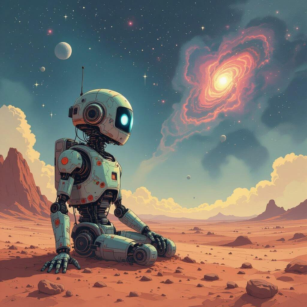 Lone Robot on Alien Planet Gazing at Nebulae