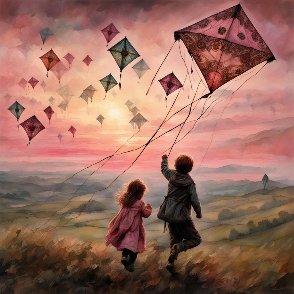 Surreal Children's Kite Flying Scene in Vibrant Digital Art...
