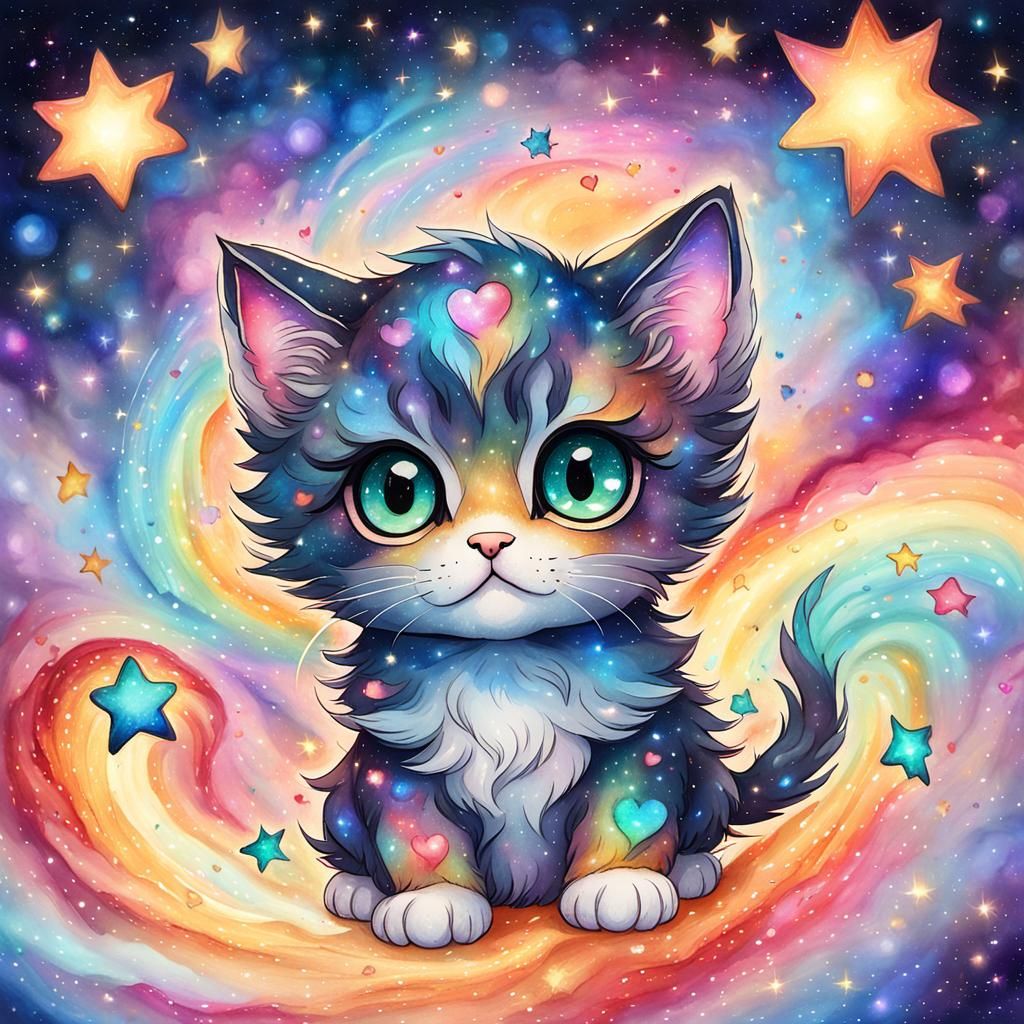 Vibrant Galactic Kittens in Watercolor Masterpiece