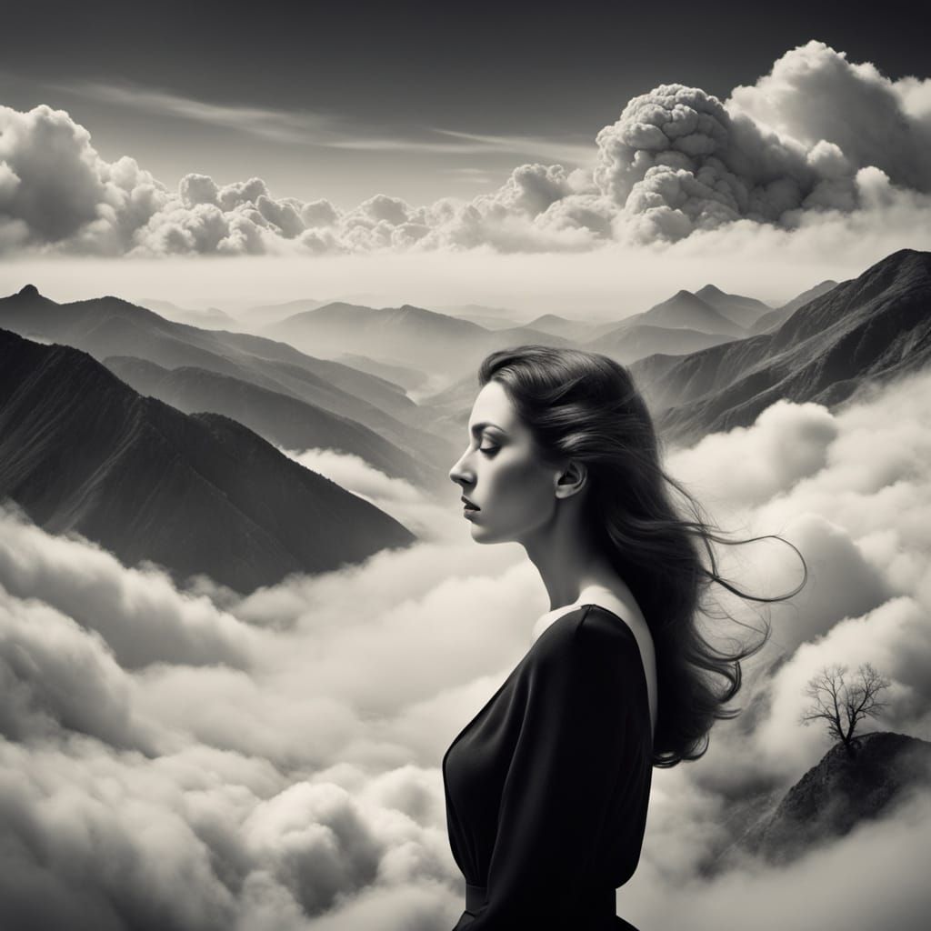 Surrealist Portrait of Serene Woman in Moody Landscape
