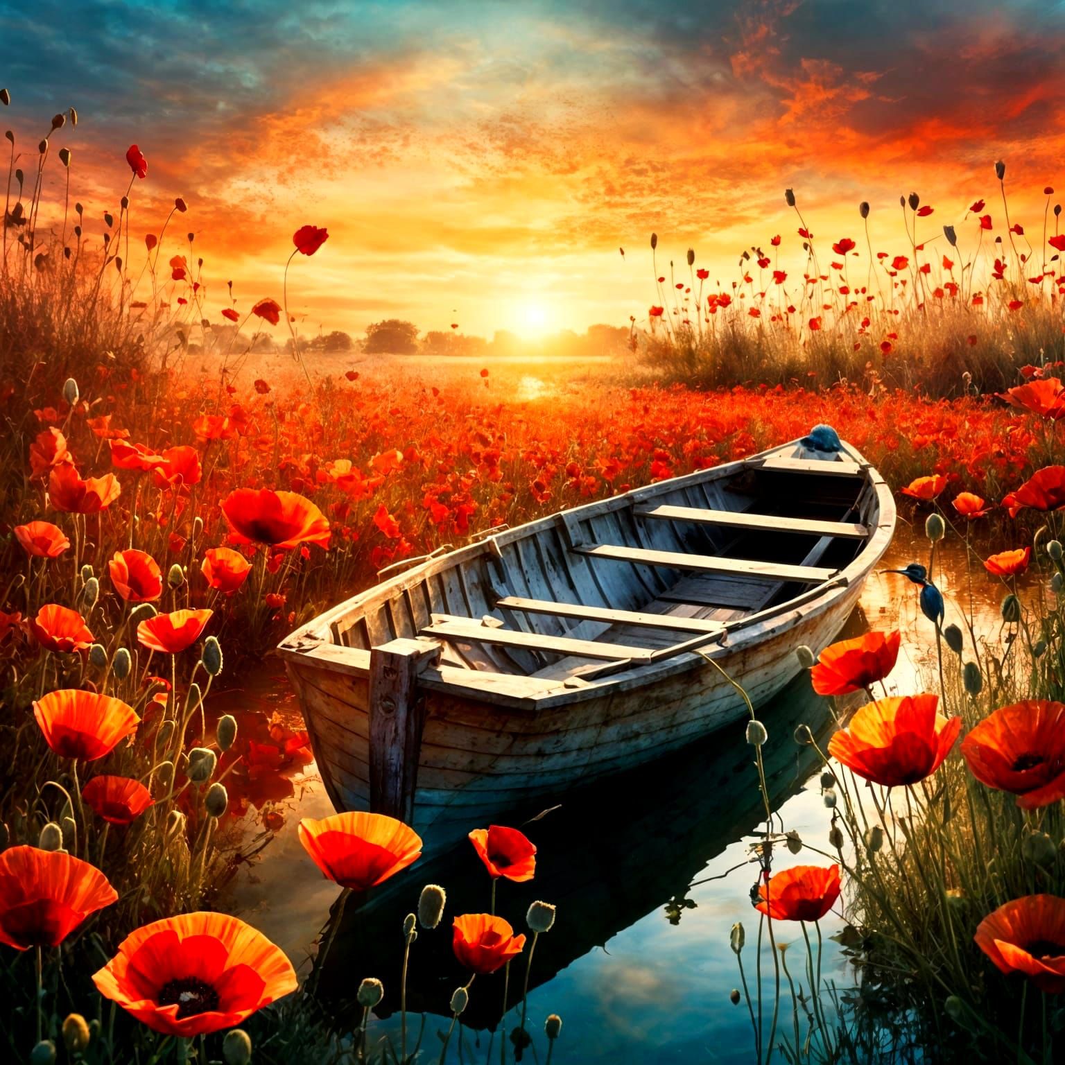 Transparent Kingfisher Reveals Rowboat Amidst Poppies in Sun...