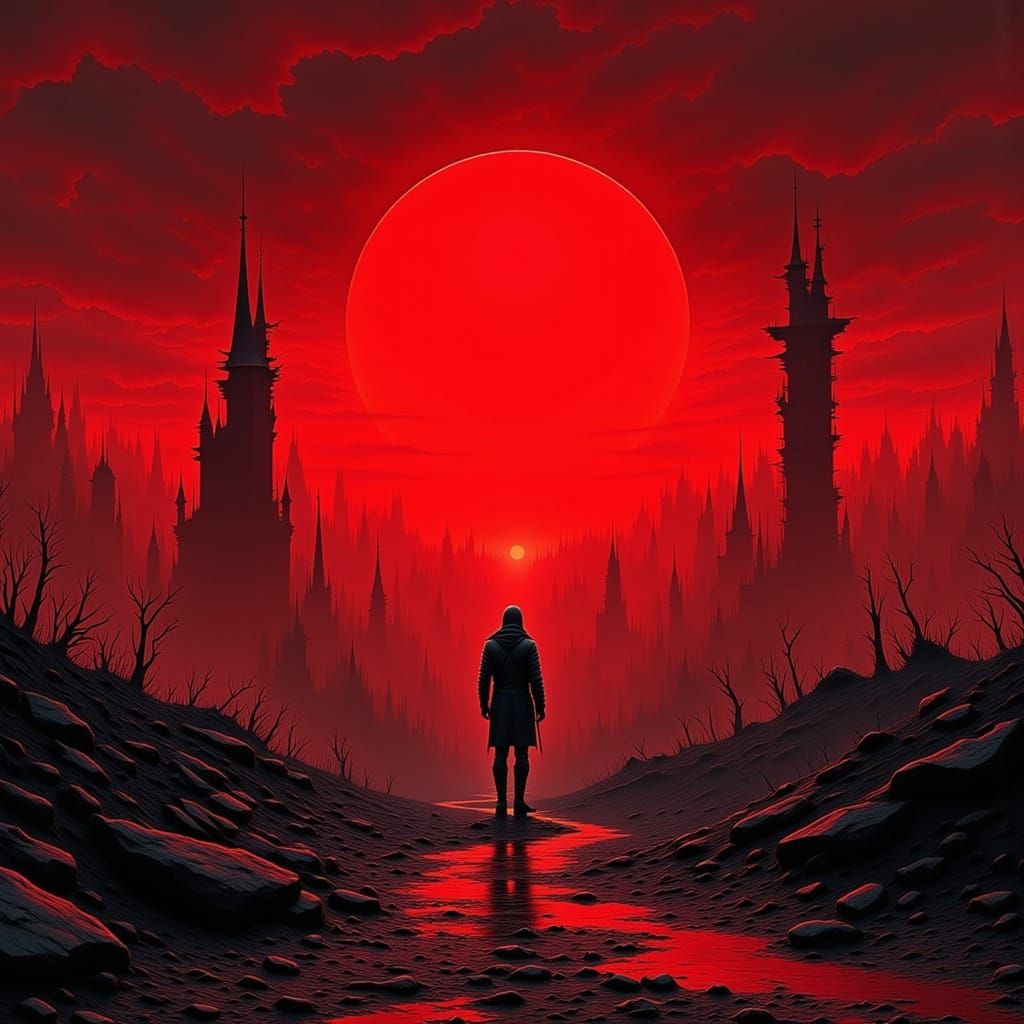 Warrior in Alien Red Sky Before Twisted City