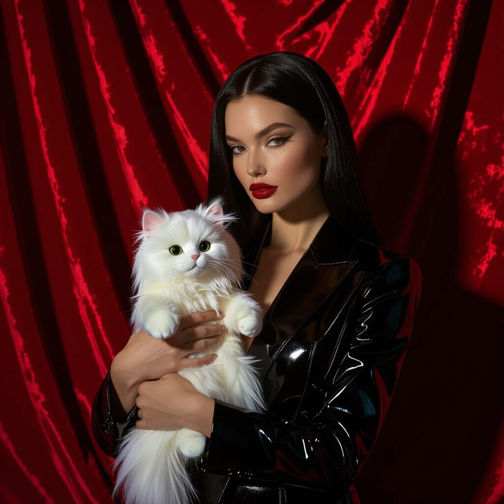 Woman in Patent Leather Holds Rag Doll Cat in Velvet Setting