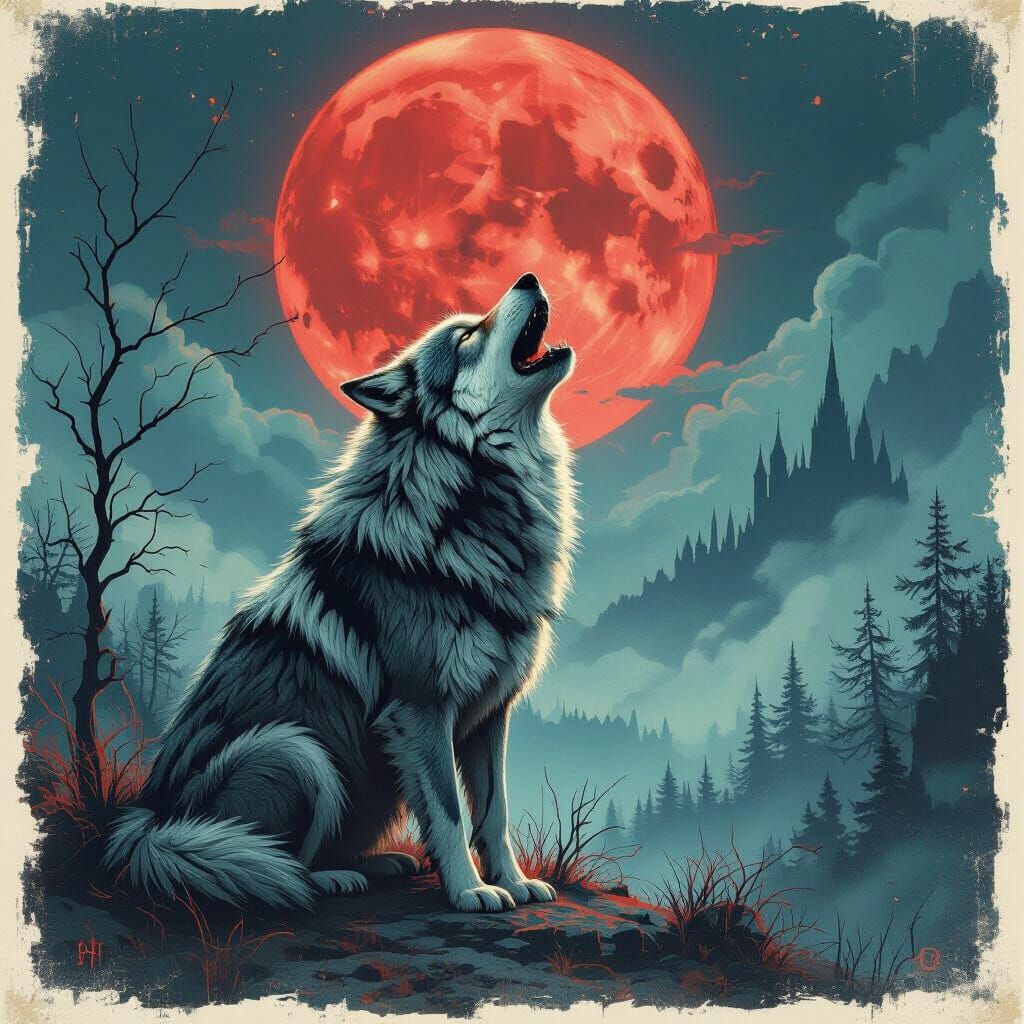 Wolf Howling at Bloody Moon in Gothic Landscape