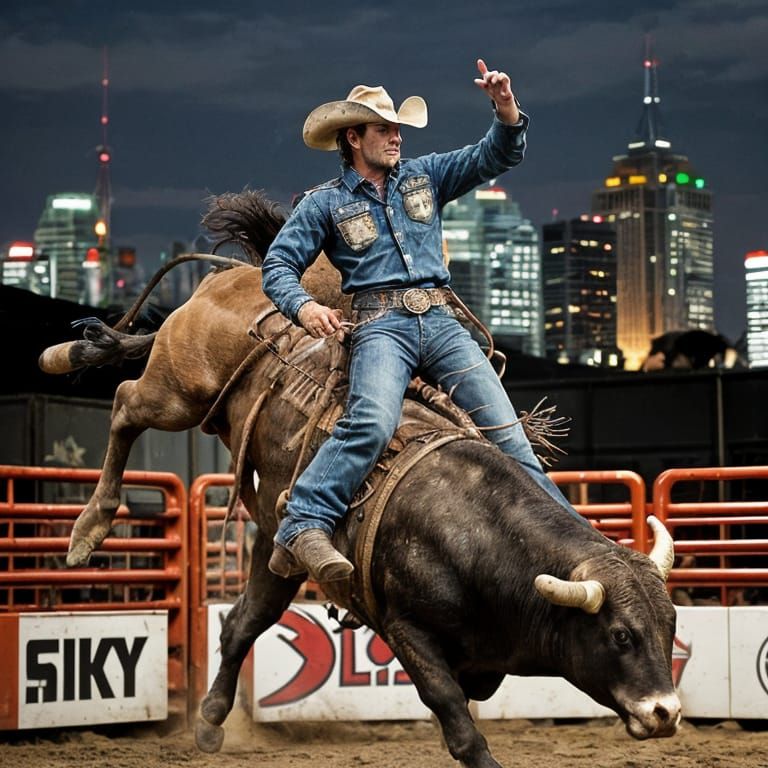 Daring Rodeo Scene in a Double Exposure Cityscape
