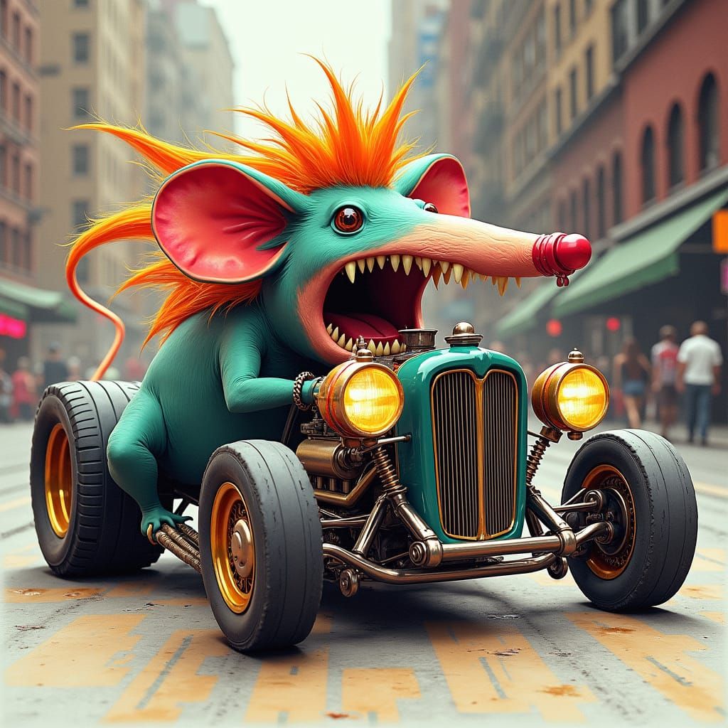 Ratfink Hotrod in NYC, a Cyberpunk Cityscape Artwork
