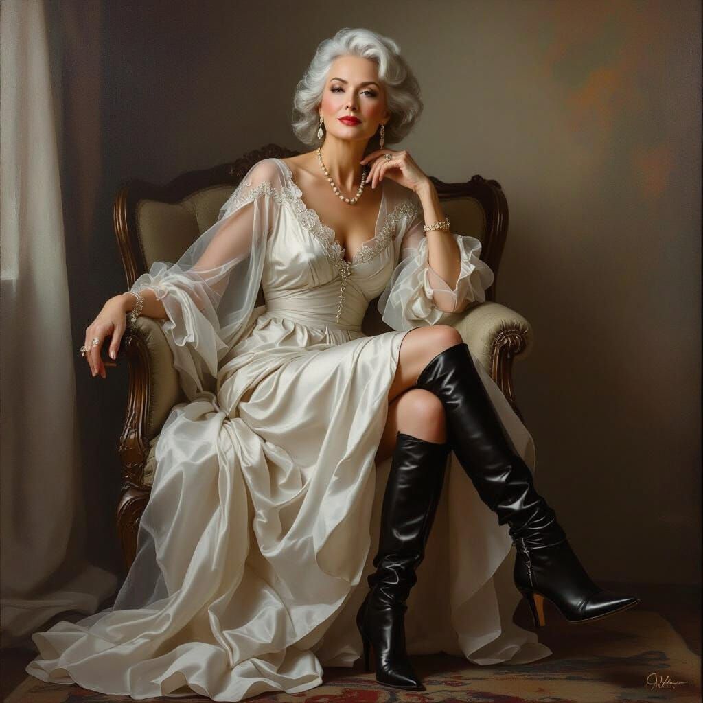 Elegant Elderly Woman in Sheer Gown and Boots