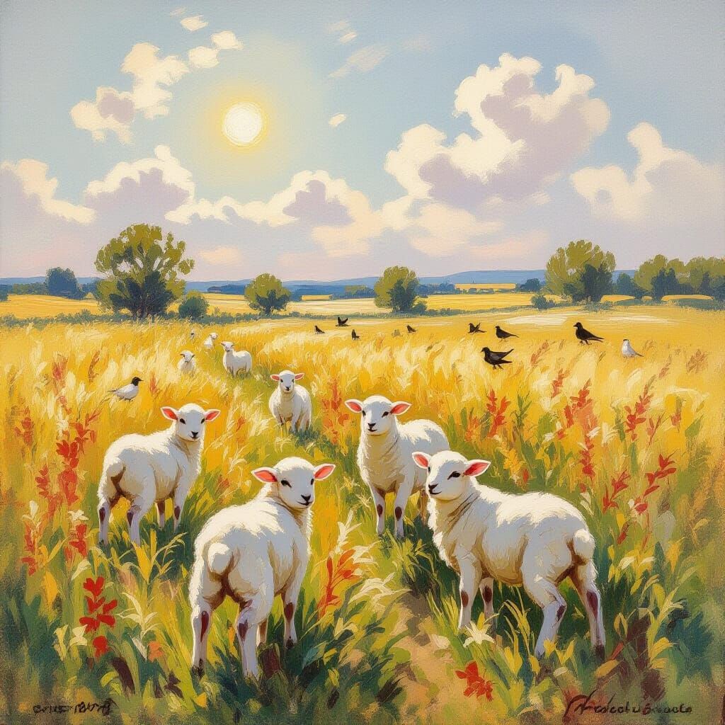 Impressionist Cornfield with Lambs, Sun, Clouds and Birds