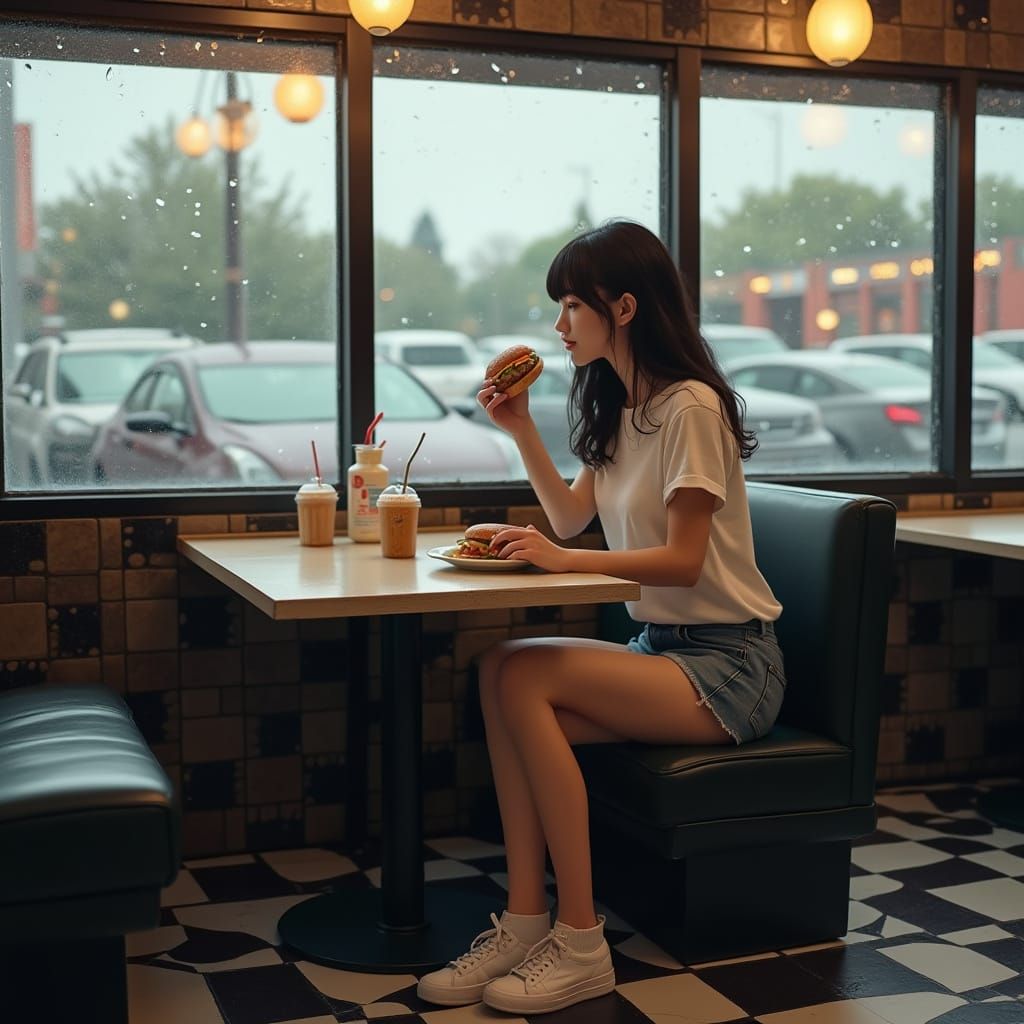 Realistic Photo of Woman Eating Burger in Diner