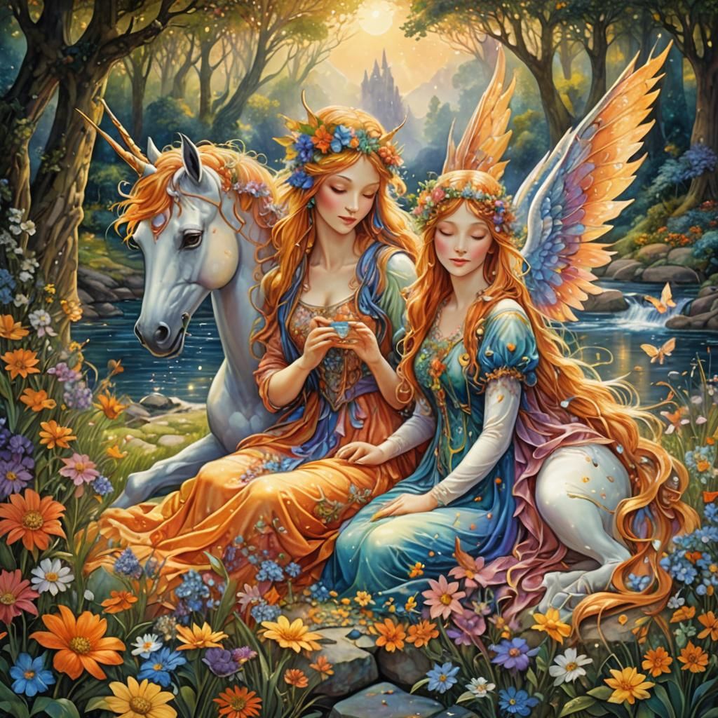 Fairies and Unicorns in Enchanted Meadow