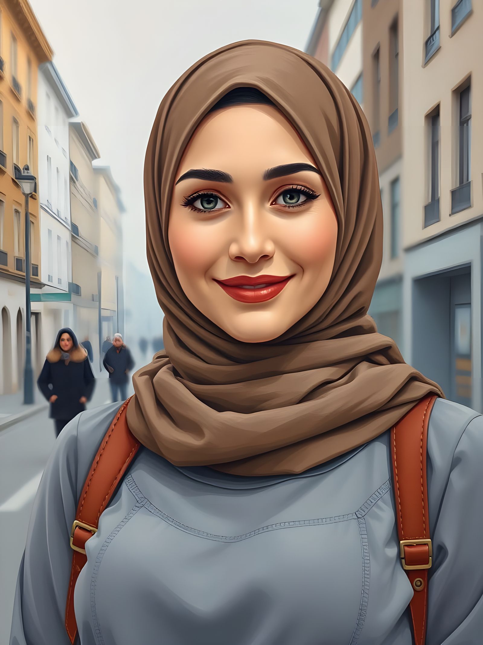 Beautiful Hijabi Woman in Modern City Oil Painting