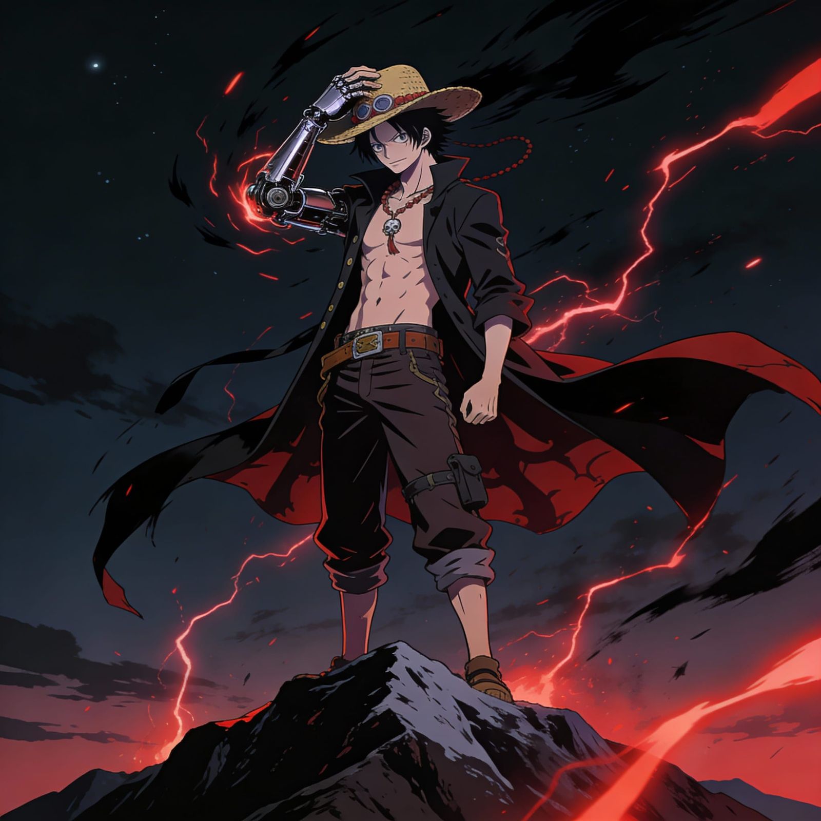 Anime-Style Pirate Stands on Mountain Top at Night