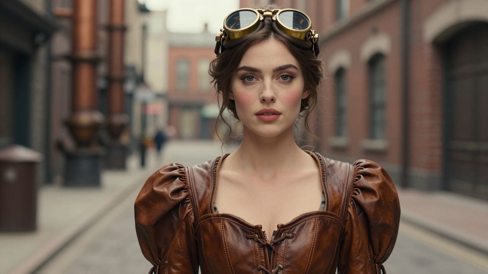 Elegant Steampunk Woman in Vintage City Portrait