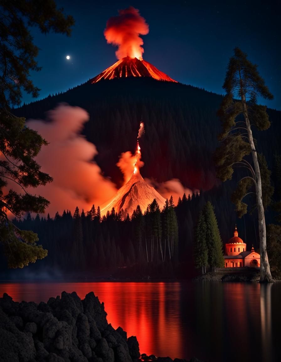 Volcanic Eruption at Night, Monastery Silhouette