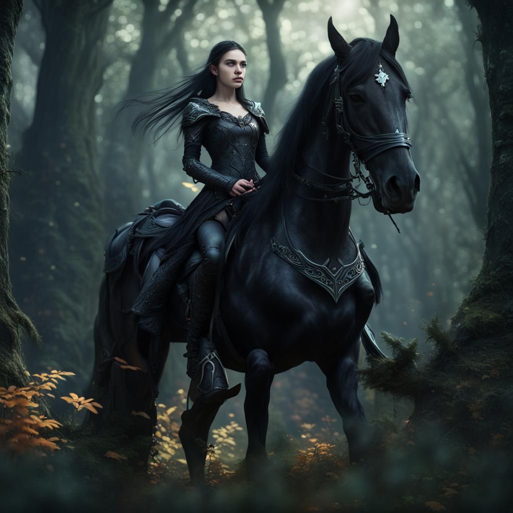 Spectacular Dark Elf Princess Rides Majestic Friesian in the...