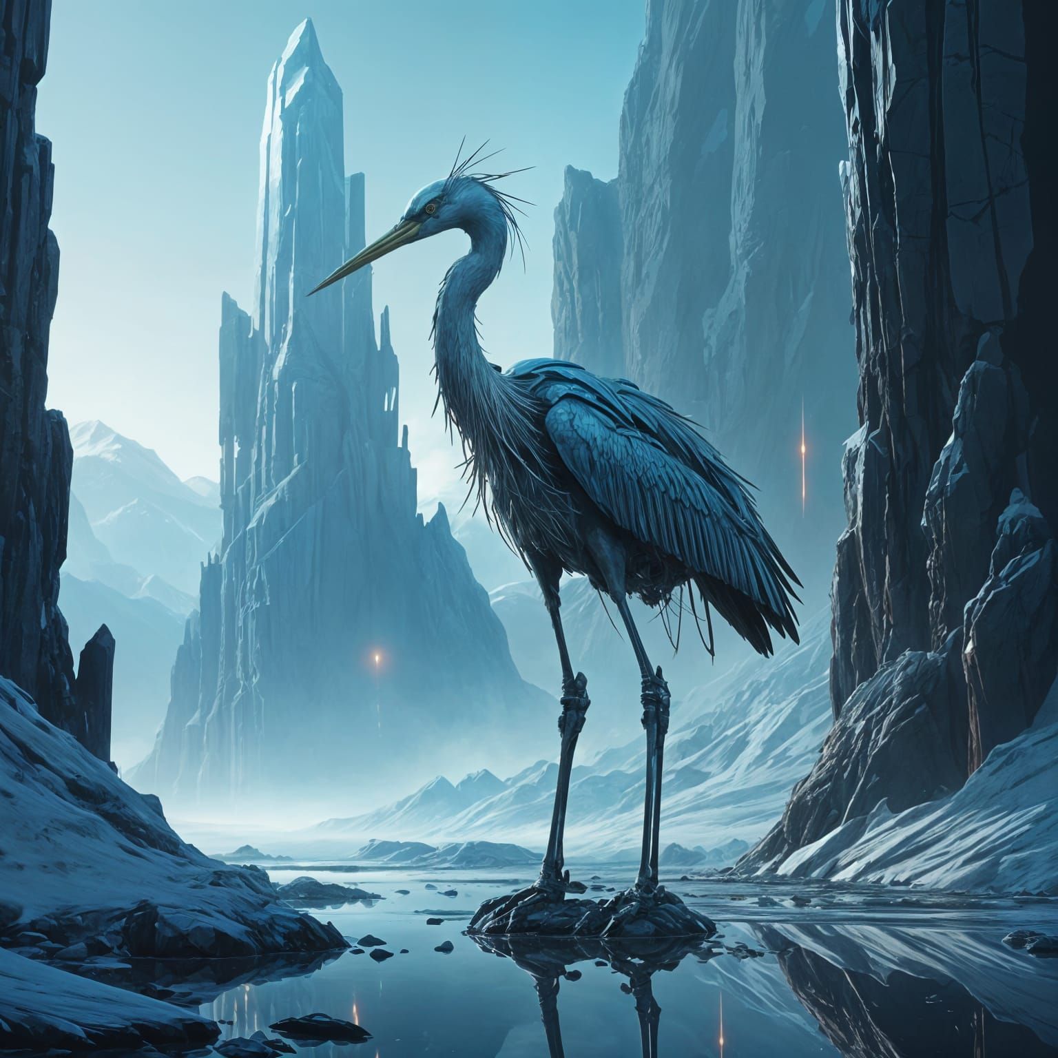 Colossal Robotic Heron in Post-Apocalyptic Landscape