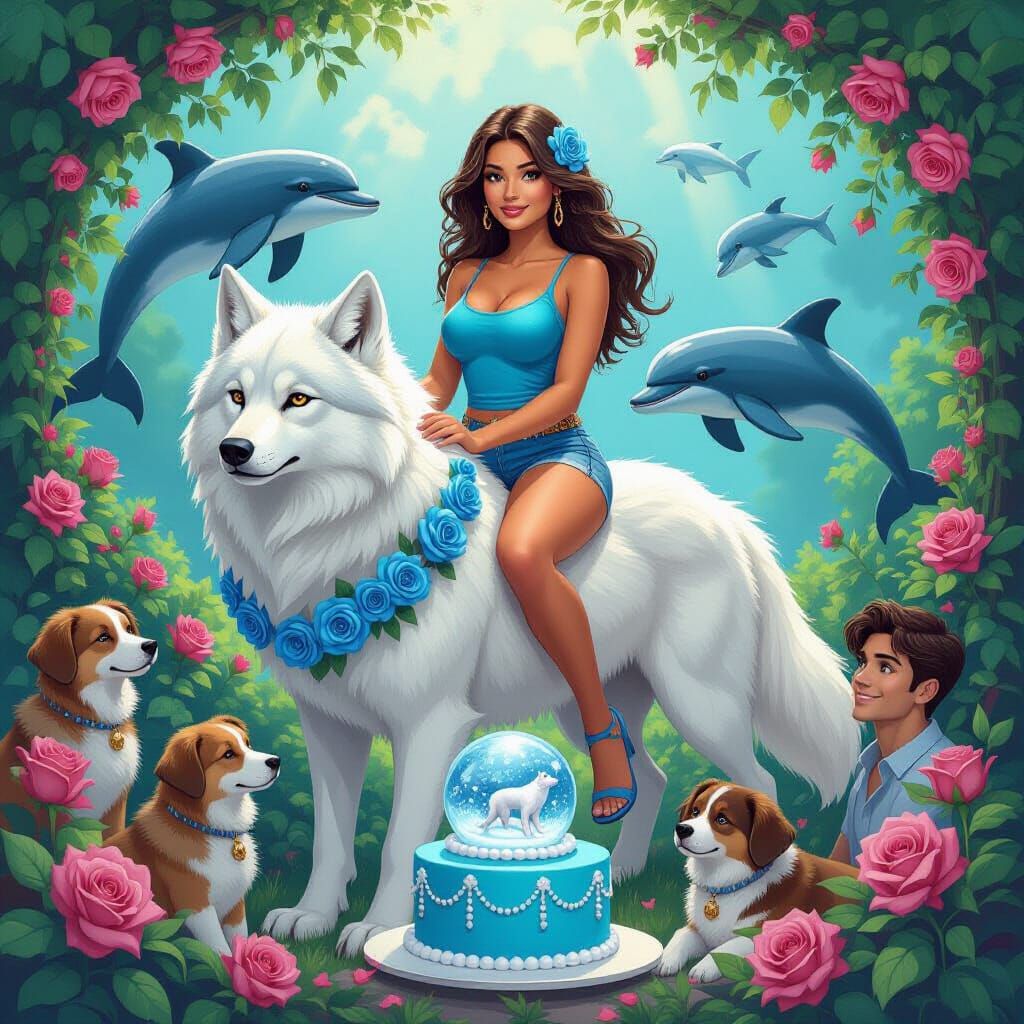 Woman with Blue Roses and Wolf in Whimsical Style